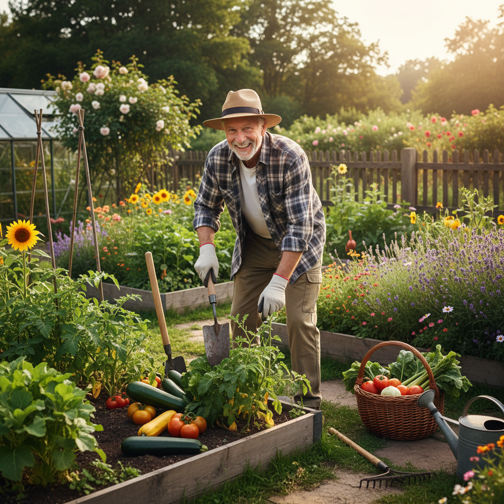 Pria lanjut usia aktif berkebun di taman dengan penuh semangat